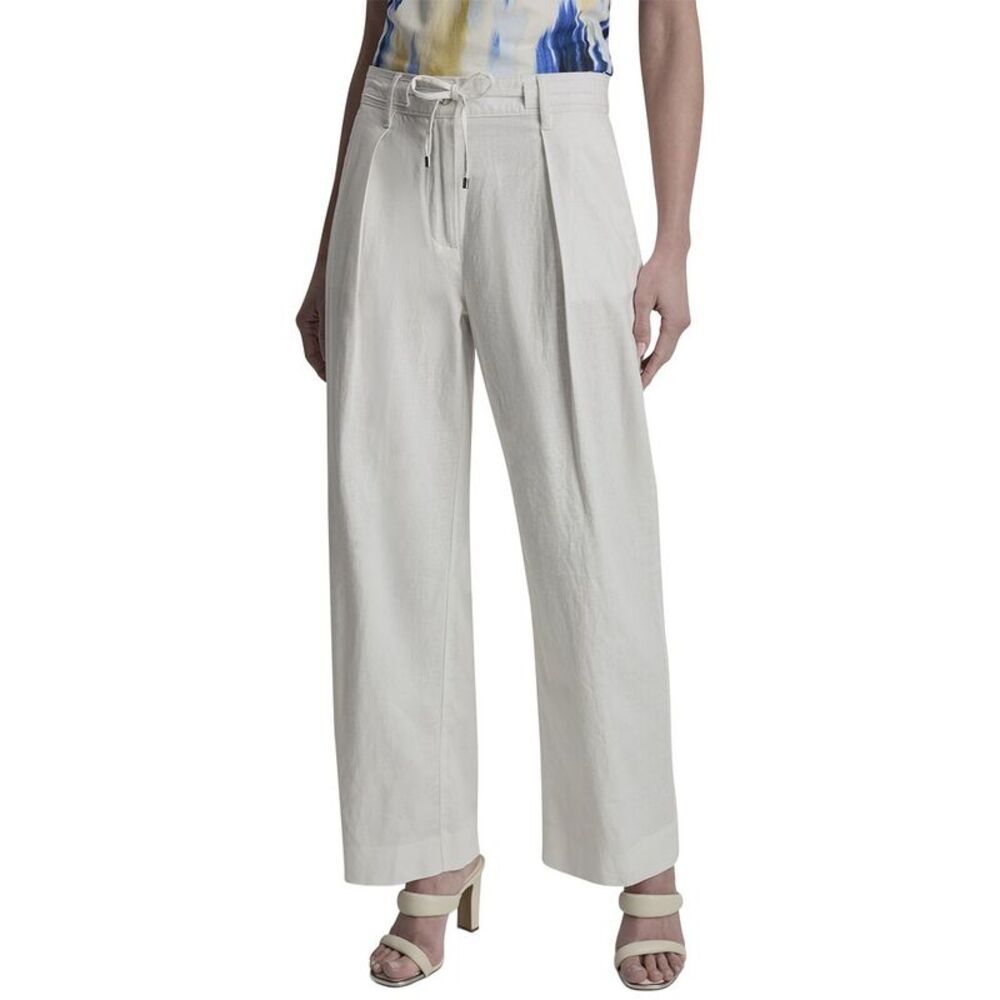 Dkny Womens  Stripe Pleated Wide Leg Linen-Blend Pant, Blue